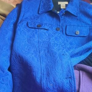 Vibrant Drapers &Damon's Blue Textured Blazer With Floral And Black AccentJacket